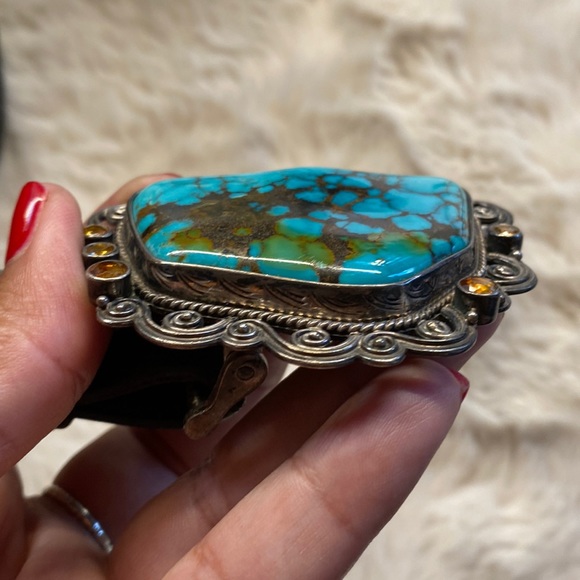 Signed Mona T. Van Riper Turquoise & Sterling Silver Belt Buckle & Leath… - Picture 4 of 17